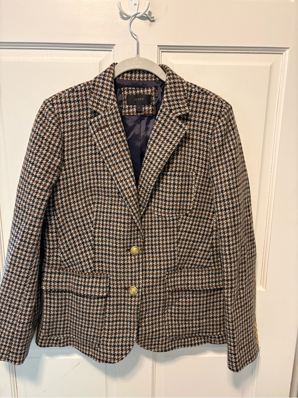 J. Crew cream brown black tweed wool houndstooth women classic blazer jacket 12